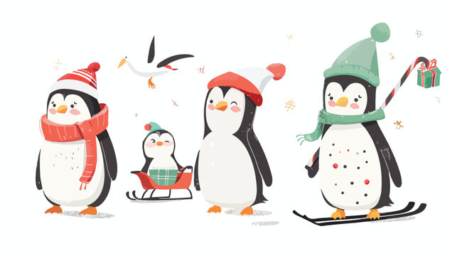 Set of Four cute penguins wearing different winter cl