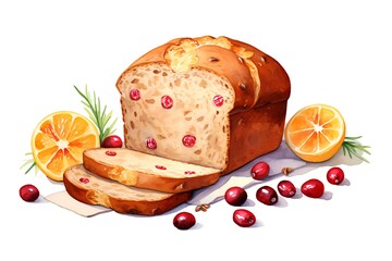 Watercolor illustration of a loaf of bread with cranberries and oranges