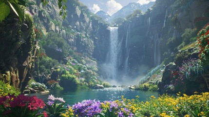 A tranquil riverside scene with towering cliffs rising on either side, and a cascading waterfall...