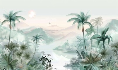 Fototapeta na wymiar Tropical Exotic Landscape Wallpaper. Hand Drawn Design. Luxury Wall Mural, Generative AI