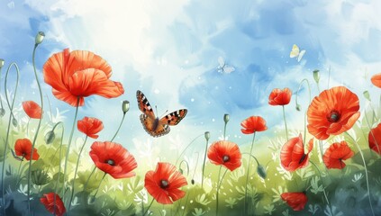 Beautiful watercolor painting of red poppies and a butterfly on the meadow