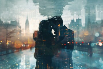 Silhouette of loving couple kissing on city background,  Double exposure