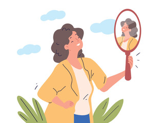 Mirror self awareness. Satisfied smile woman look reflection, know himself acceptance love expression cute girl think yourself knowledge affirmation concept vector illustration