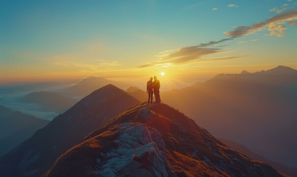 Two People Standing On Top Of A Mountain At Sunset. Generative AI.