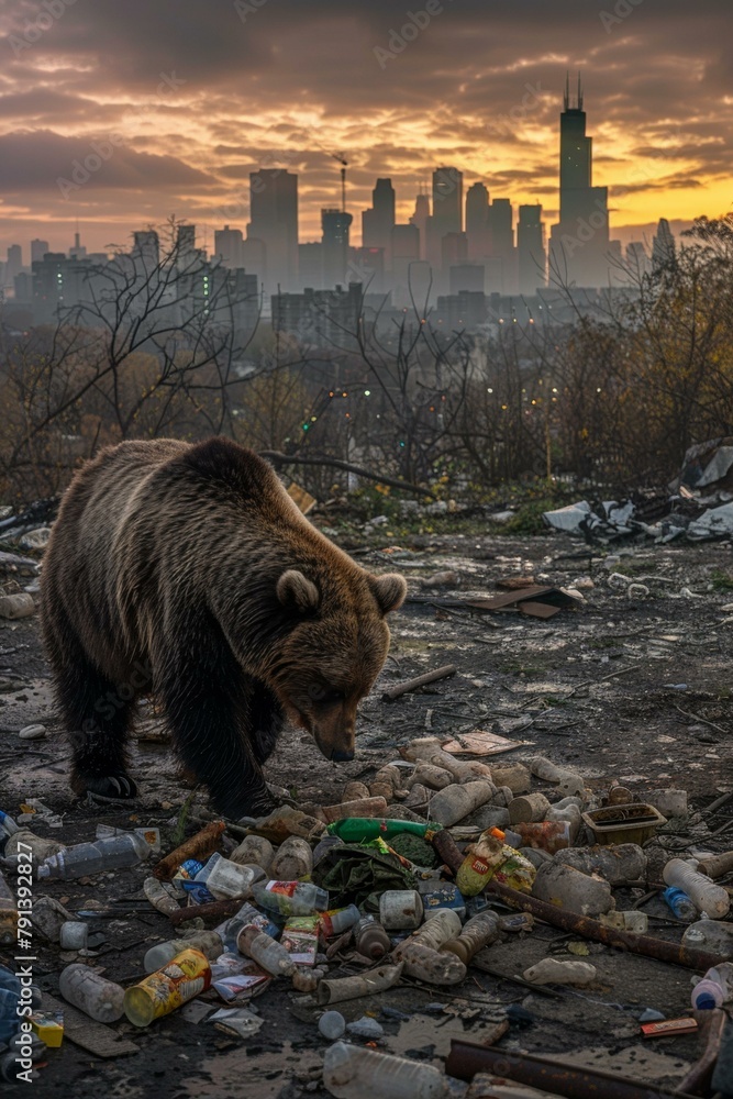 Poster a bear walking through a city with garbage and buildings in the background. generative ai.