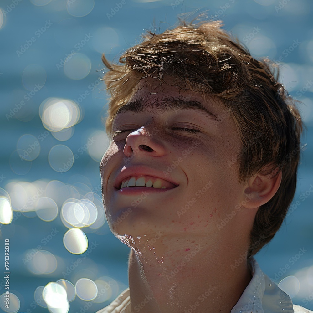 Poster a young man with a smile on his face while standing in front of water. generative ai.