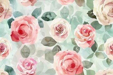 Elegant seamless watercolor rose pattern in soft pastel colors.