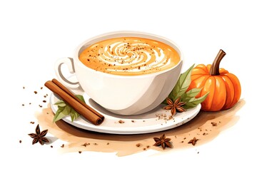 Cup of pumpkin latte with cinnamon, star anise and pumpkin. Vector illustration.