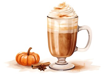 Pumpkin latte with whipped cream and cinnamon. Watercolor illustration