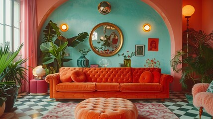 Vibrant Retro Living Room Interior with Orange Sofa and Decorative Plants