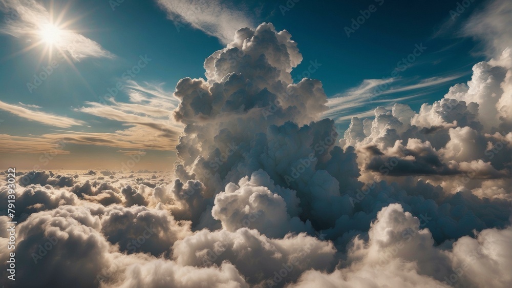 Poster a view of clouds from above with the sun shining. generative ai.