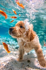 A puppy is swimming in the water with a bunch of goldfish. Generative AI.