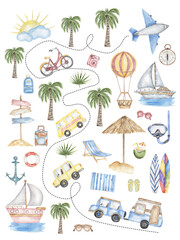 Watercolor Educational travel ABC poster with elements and objects. Cute home School illustration with transport: car, ship, wagon, bus, yacht,plane, bicycle, air ballon. - 791393031