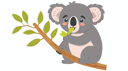 Cute koala eating leaf branch. Happy funny baby animal