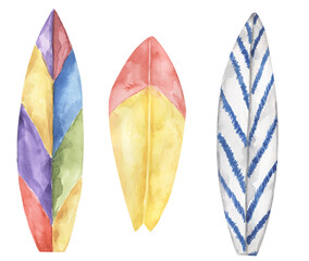 Watercolor surfboard illustration set, hobby elements