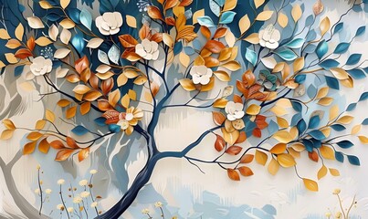 Colorful tree with leaves on hanging branches of blue, white and golden illustration background. 3d abstraction wallpaper for interior mural wall art decor. floral tree with multicolor, Generative AI