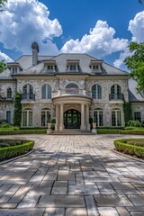 Fototapeta premium A large mansion with a driveway and hedges in front of it. Generative AI.