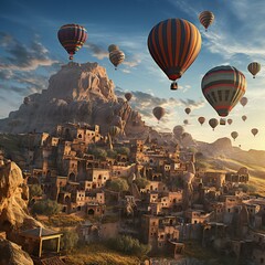 Hot air balloons flying over ancient city of Goreme,   rendering