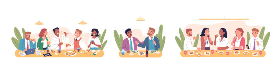 Colleagues office lunch. Friendly employees eating sandwich breakfast at company kitchen, entrepreneur worker eat business dinner meal in city restaurant classy vector illustration - 791393279
