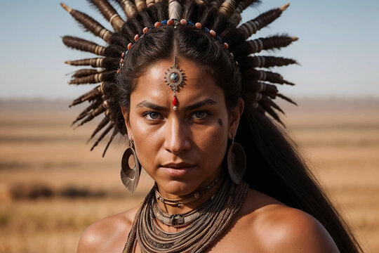 Portrait of a female native American Indian with feather roach headdress. A tribal chieftain's daughter wearing feathered war bonnet. A fantasy tribal warrior princess with war hat tribe headgear.