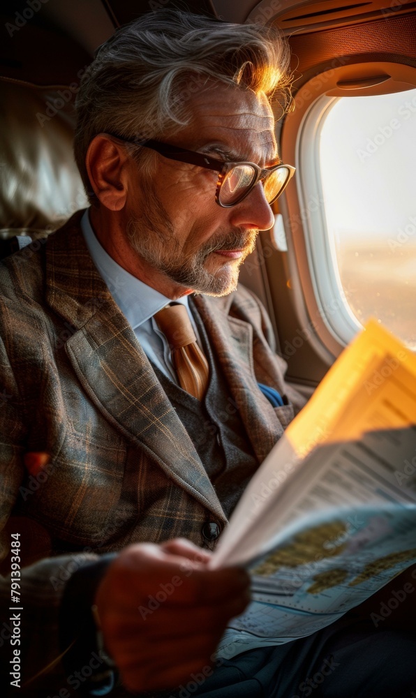 Poster a man in a suit and tie reading something on an airplane. generative ai.