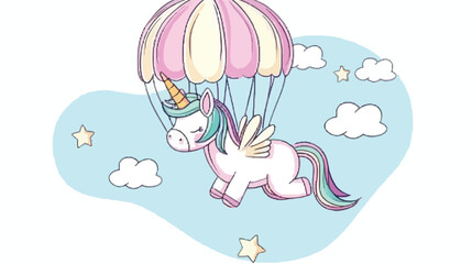 cute lovely cartoon unicorn flying with parachute fun