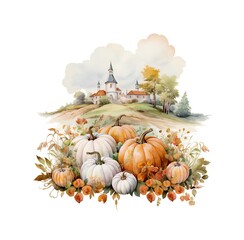 Watercolor autumn landscape with pumpkins and castle. Hand drawn illustration - obrazy, fototapety, plakaty