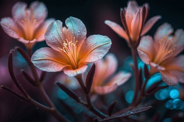 A close up of a bunch of flowers with water droplets on them. Generative AI.