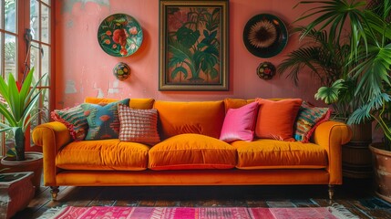 Vibrant Bohemian Living Room with Orange Sofa and Tropical Decor