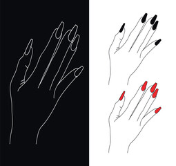 palm with manicure ballerina vector sketch, female palm with red nails vector sketch. elegant hand on black background vector outline sketch