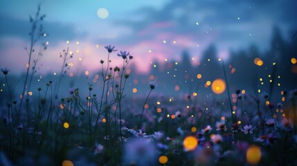 A field of flowers with lights shining in the sky. Generative AI. - Powered by Adobe