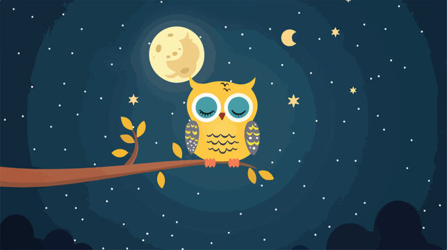 cute owl sit at branch under the moon. Vector illustration
