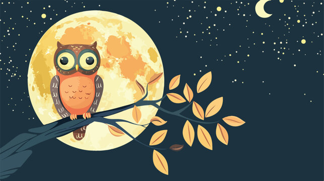 cute owl sit at branch under the moon. Vector illustration
