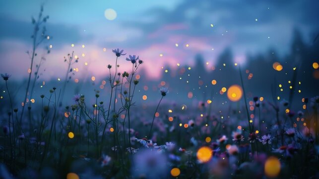 A field of flowers with lights shining in the sky. Generative AI.