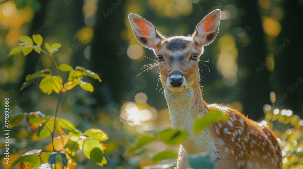 Poster a small deer standing in the middle of a forest with leaves. generative ai.