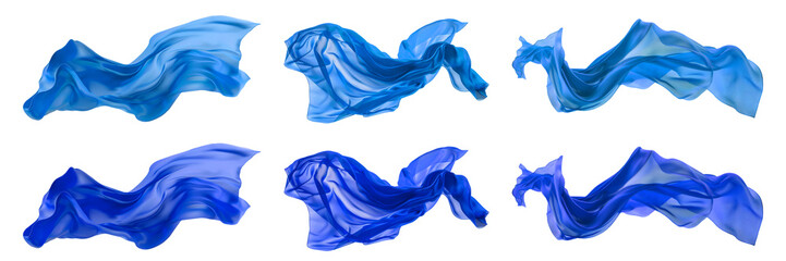 2 Collection set of dark light blue turquoise long silk satin cloth fabric floating flying in the air on transparent background cutout, PNG file. Mockup template for artwork graphic design