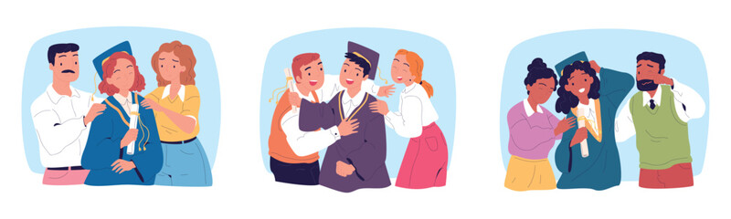 Family celebrate graduation. Graduate student with parents, person in graduation gown and cap, dad man proud college diploma academic degree of children classy vector illustration