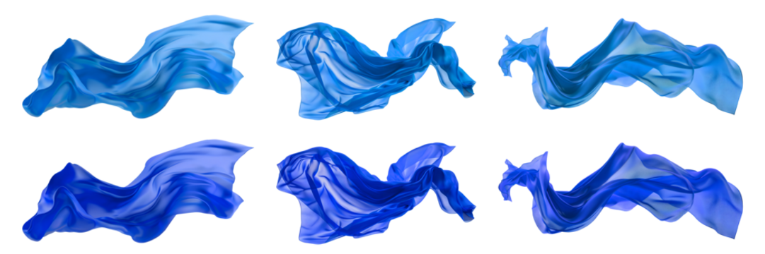 2 Collection set of dark light blue turquoise long silk satin cloth fabric floating flying in the air on transparent background cutout, PNG file. Mockup template for artwork graphic design