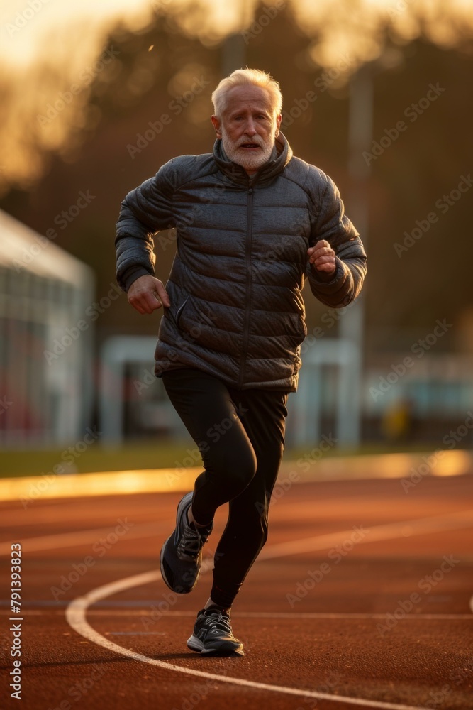 Poster an older man running on a track in the middle of day. generative ai.