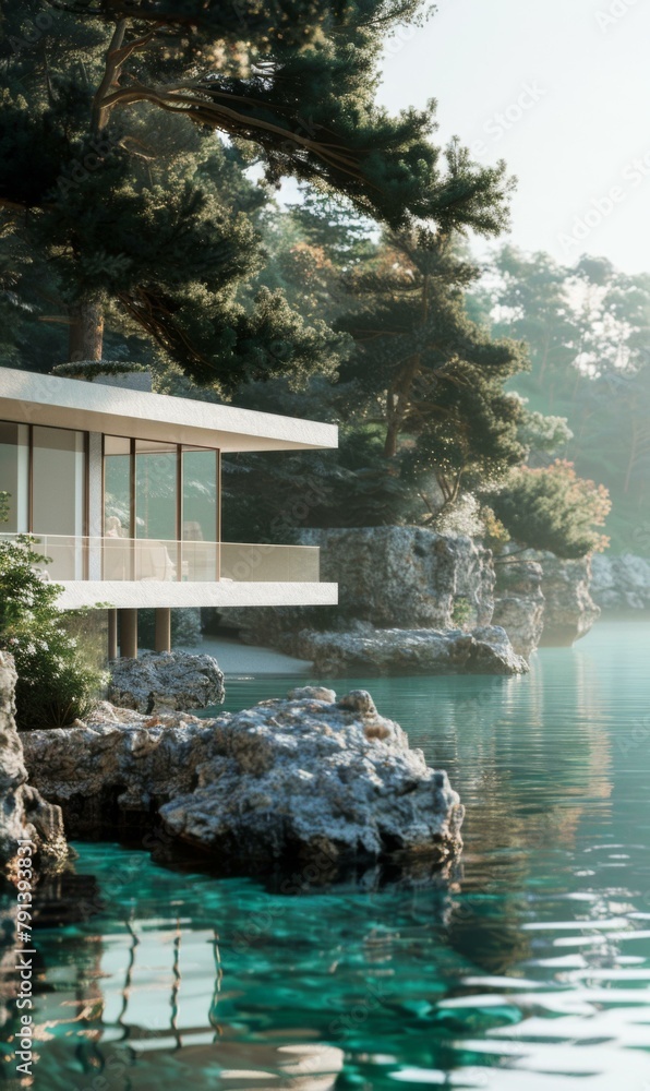 Poster a house on a cliff overlooking the water with trees in front. generative ai.
