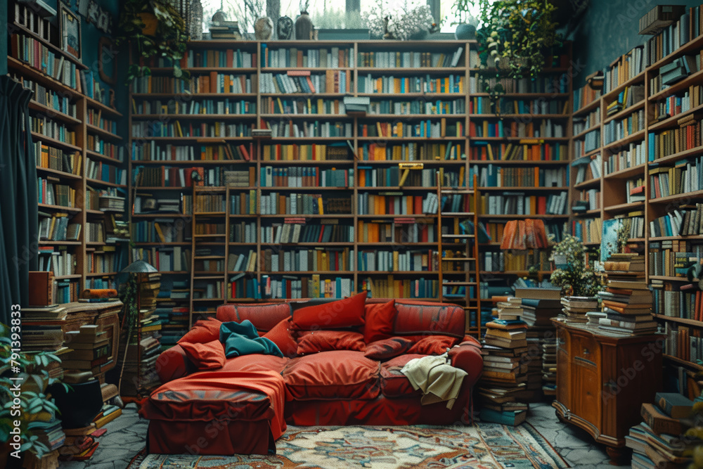 Poster a bookshelf overflowing with volumes of dreams, waiting to be explored and experienced. concept of l