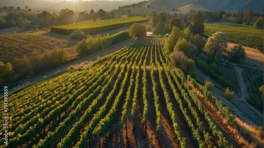 Aufkleber an aerial view of a vineyard with rows and hills. generative ai.