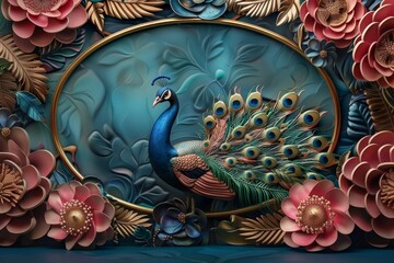 Luxury Elegant Leather Base above on Flowers with Peacock illustration Background. 3D Wallpaper for Interior Mural Painting wall art Decor. Modern, Texture, Realistic 3d, Generative AI