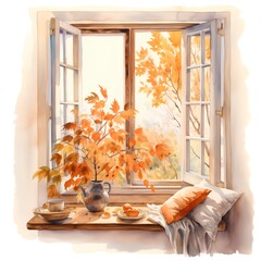 Watercolor painting of a window with a view of the autumn landscape.