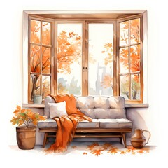 Watercolor illustration of a cozy autumn interior with a cozy sofa and a window.