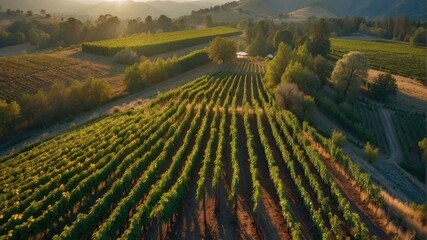 An aerial view of a vineyard with rows and hills. Generative AI. - Powered by Adobe