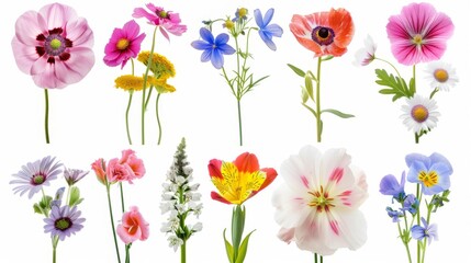 Obraz premium Flat lay view of various pressed colorful flowers and green leaves artistically arranged on a clean white background, perfect for crafting and decor.