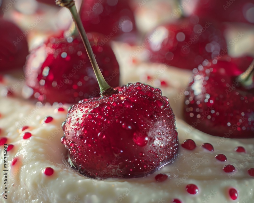 Poster a close up of a cake with cherries on top and some icing. generative ai.