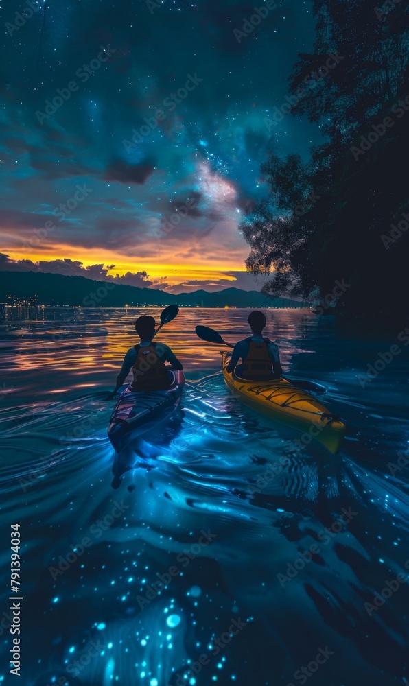 Canvas Prints Two people are kayaking on the water at night. Generative AI.