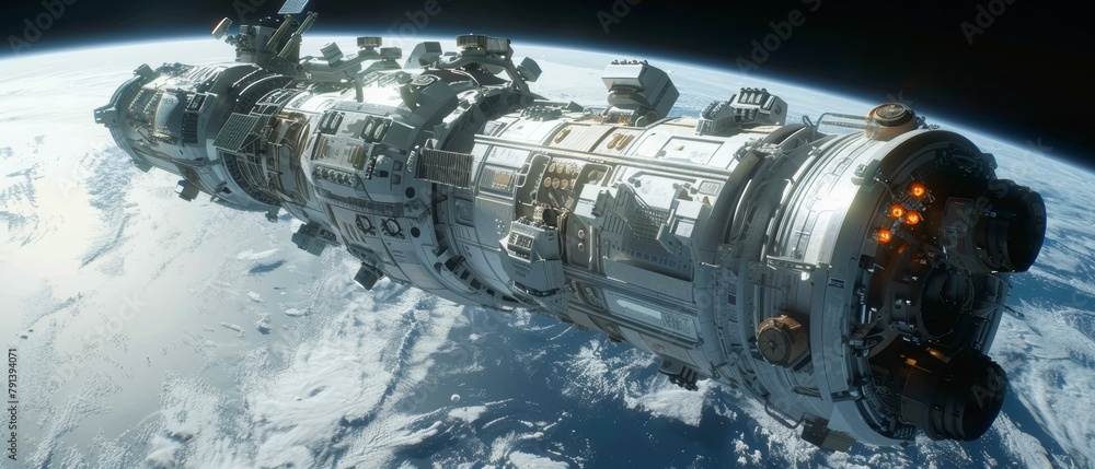 Poster a large spaceship floating in space above the earth. generative ai.
